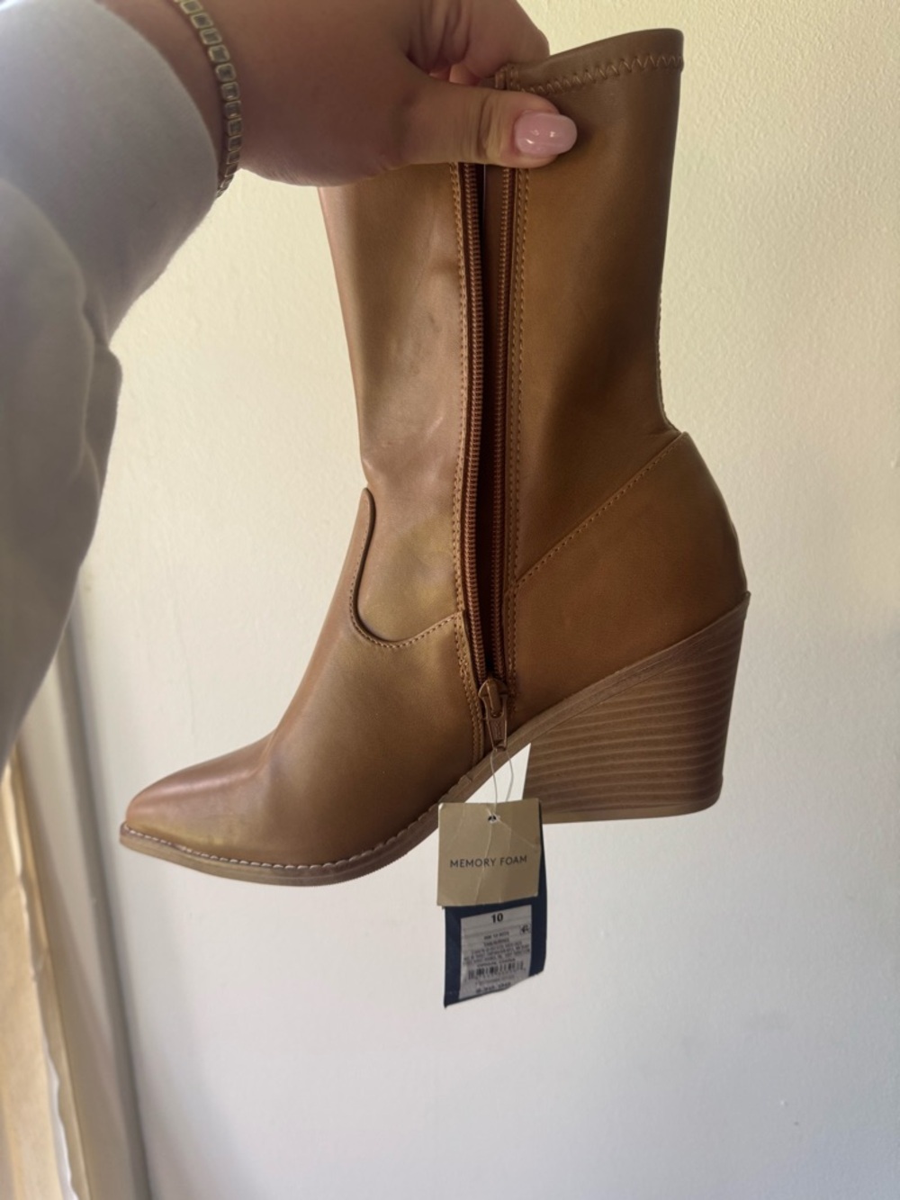 Women's Tan Wedge Ankle Boot with Memory Foam